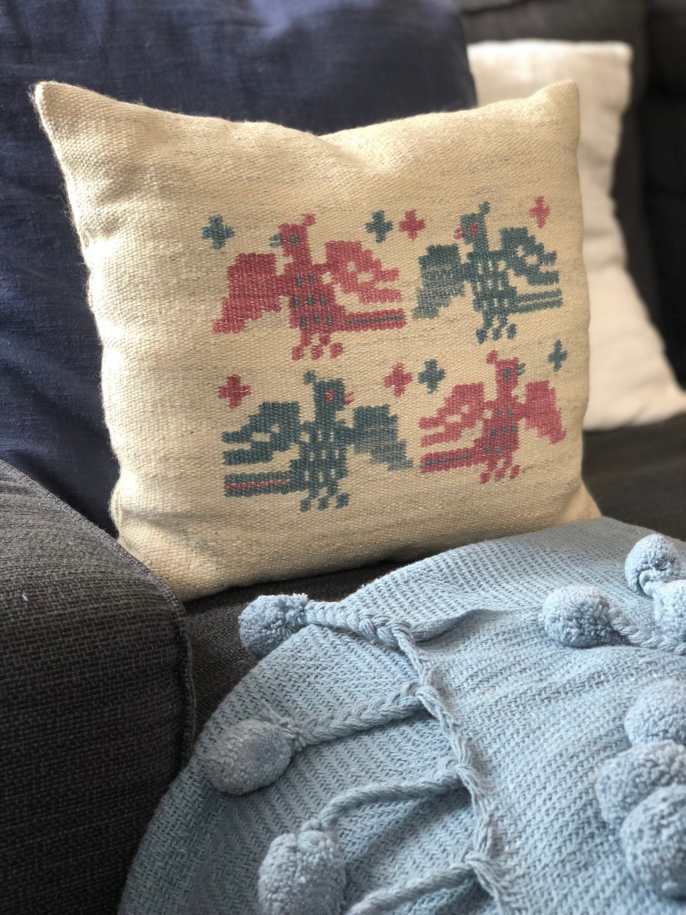 Scandi handwoven pillow Scandinavian folk art pattern small loomweaving