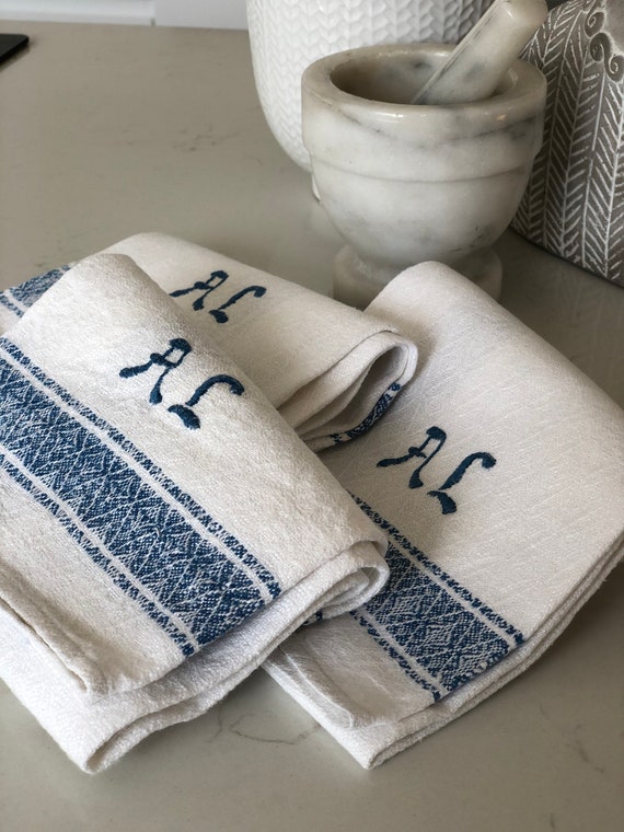 3 Vintage woven Scandinavian hand towel kitchen towel monogramed AL blue and white  farmhouse kitchen