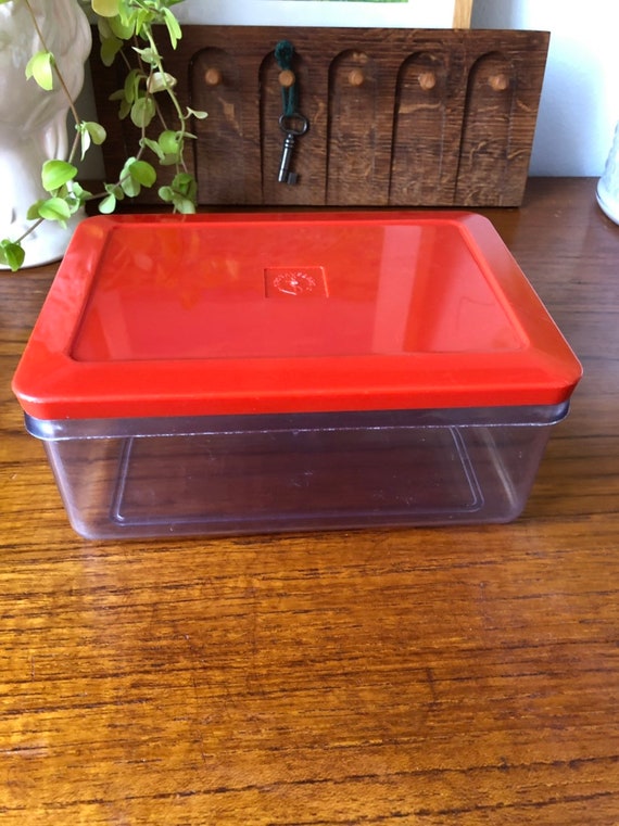 Retro hard plastic storage from Gustavsberg Sweden 1970s red lid Scandi Scandinavian midcentury modern