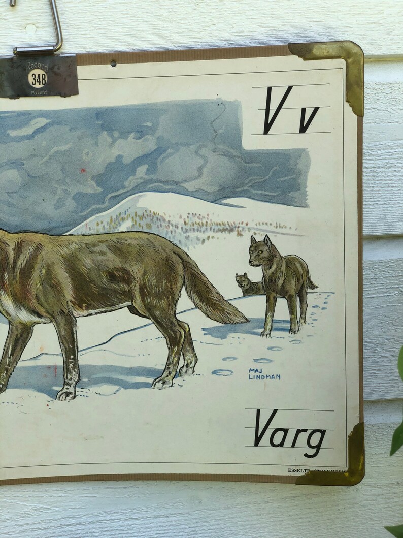Vintage Swedish school house poster letter illustrations art poster Sweden wolf varg