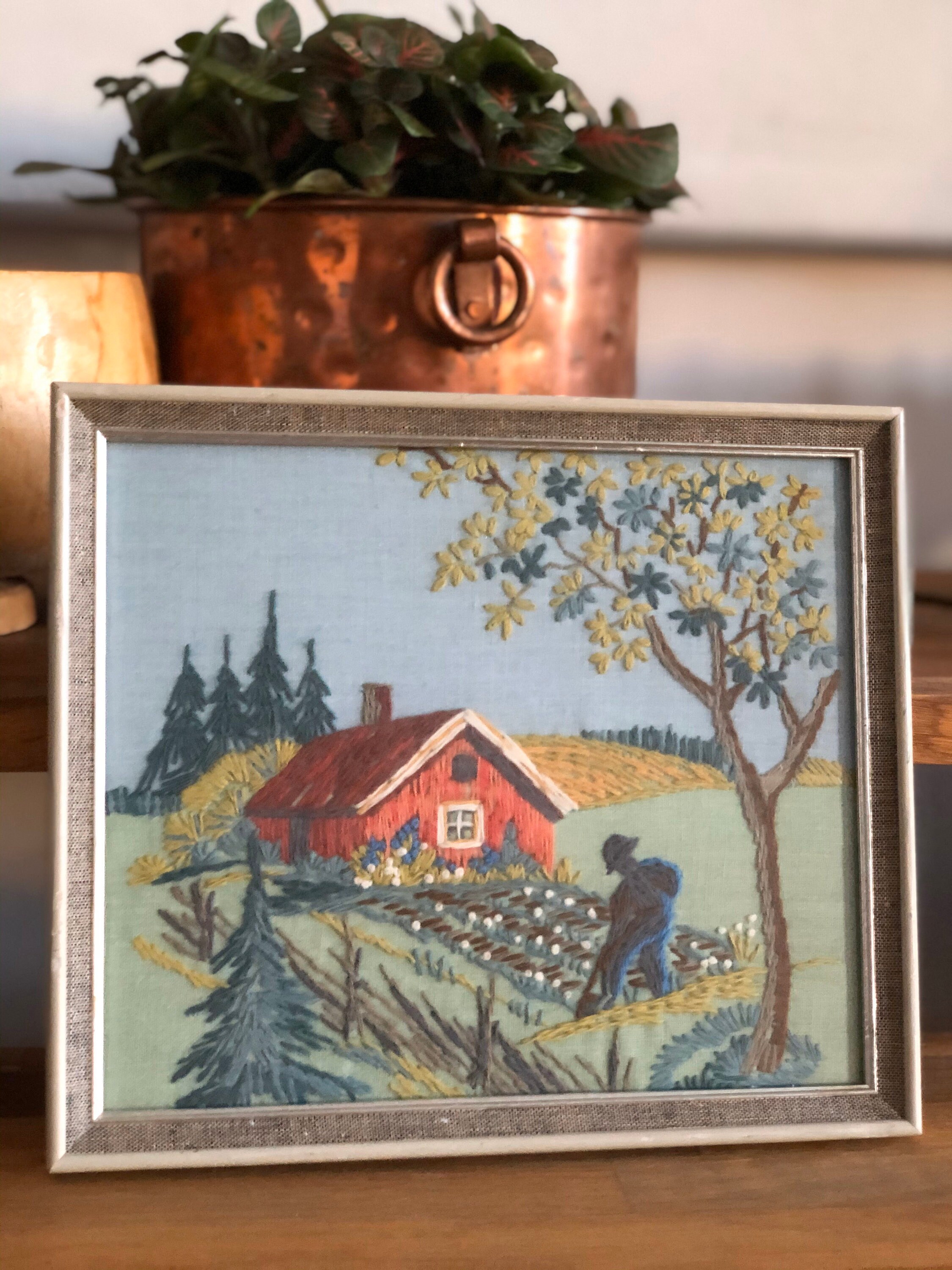 Tradition Swedish folk art crewel embroidered wall hanging landscape