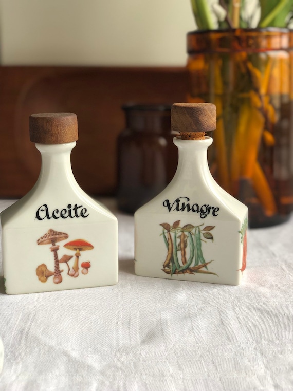 French country Oil  and vinager condiment bottles Limoges France French mushroom tomatoes ceramics teak tops