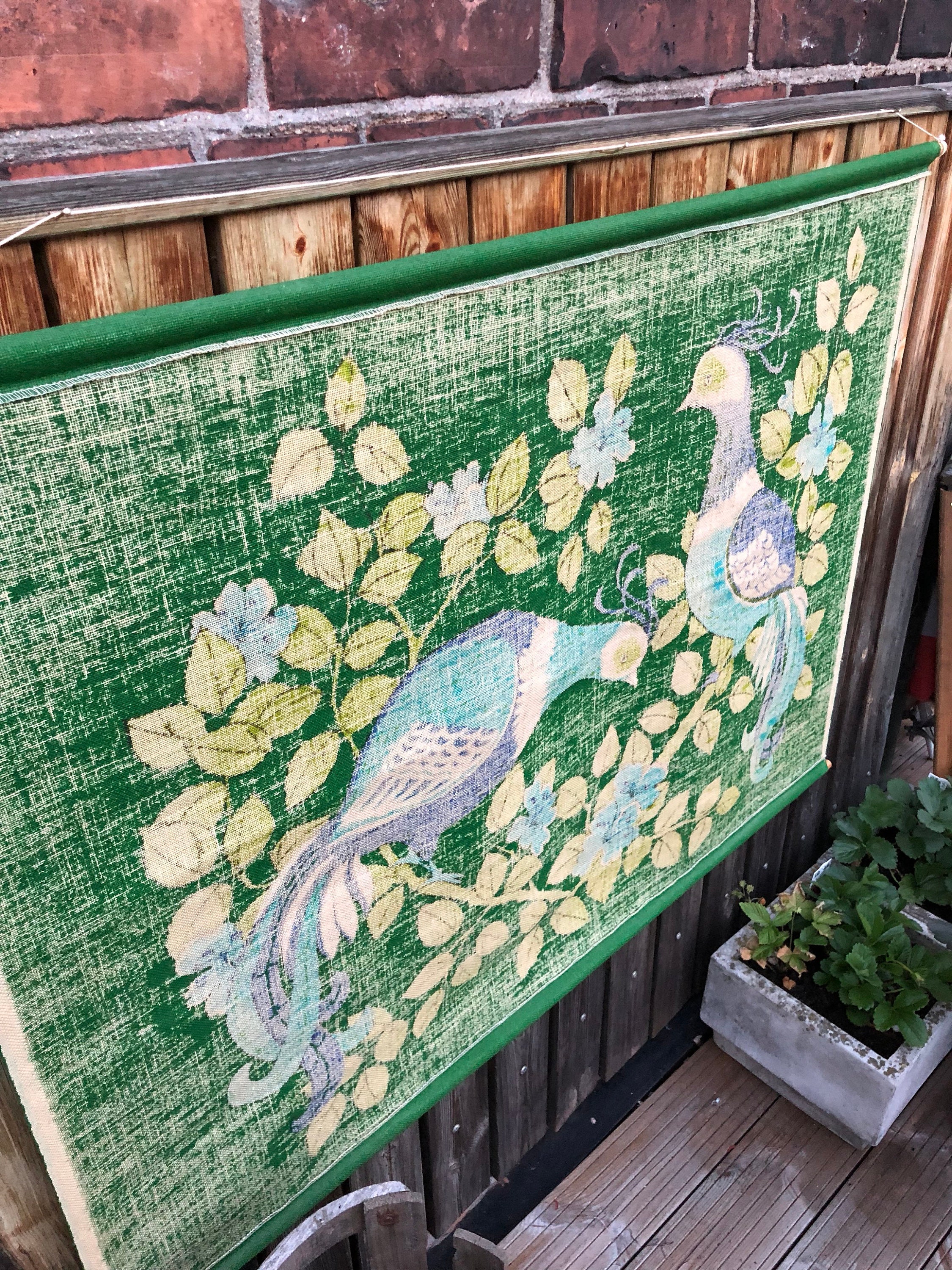 Scandinavian linen wall hanging tapestry nordic design birds hand printed