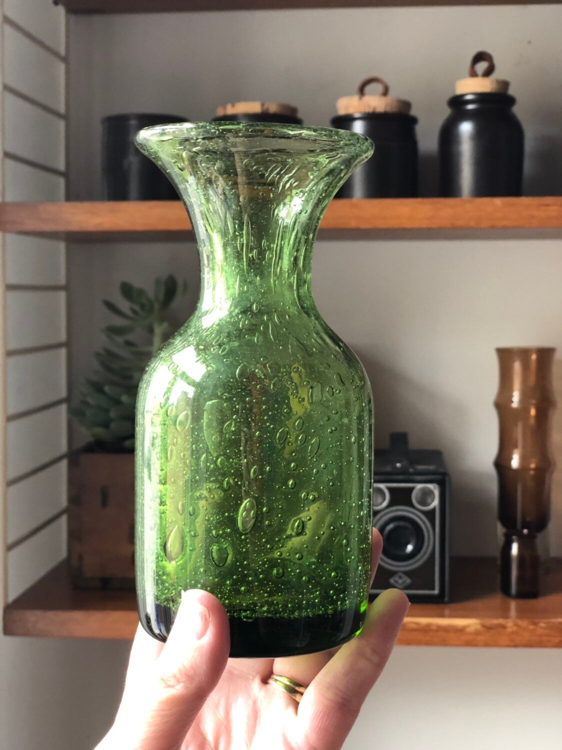 Signed Erik Höglund Hand blown green glass bottle / vase Scandinavian
