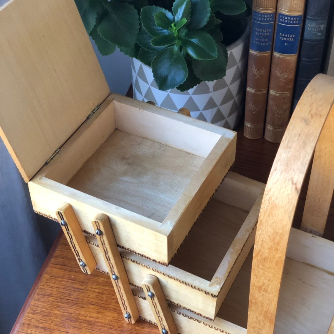 Vintage wooden handmade Polish accordion sewing box / storage box