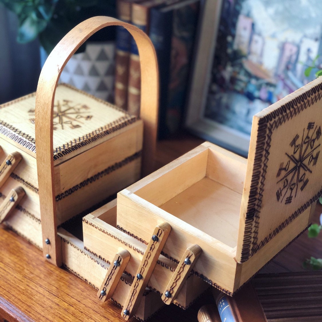 Vintage wooden handmade Polish accordion sewing box / storage box