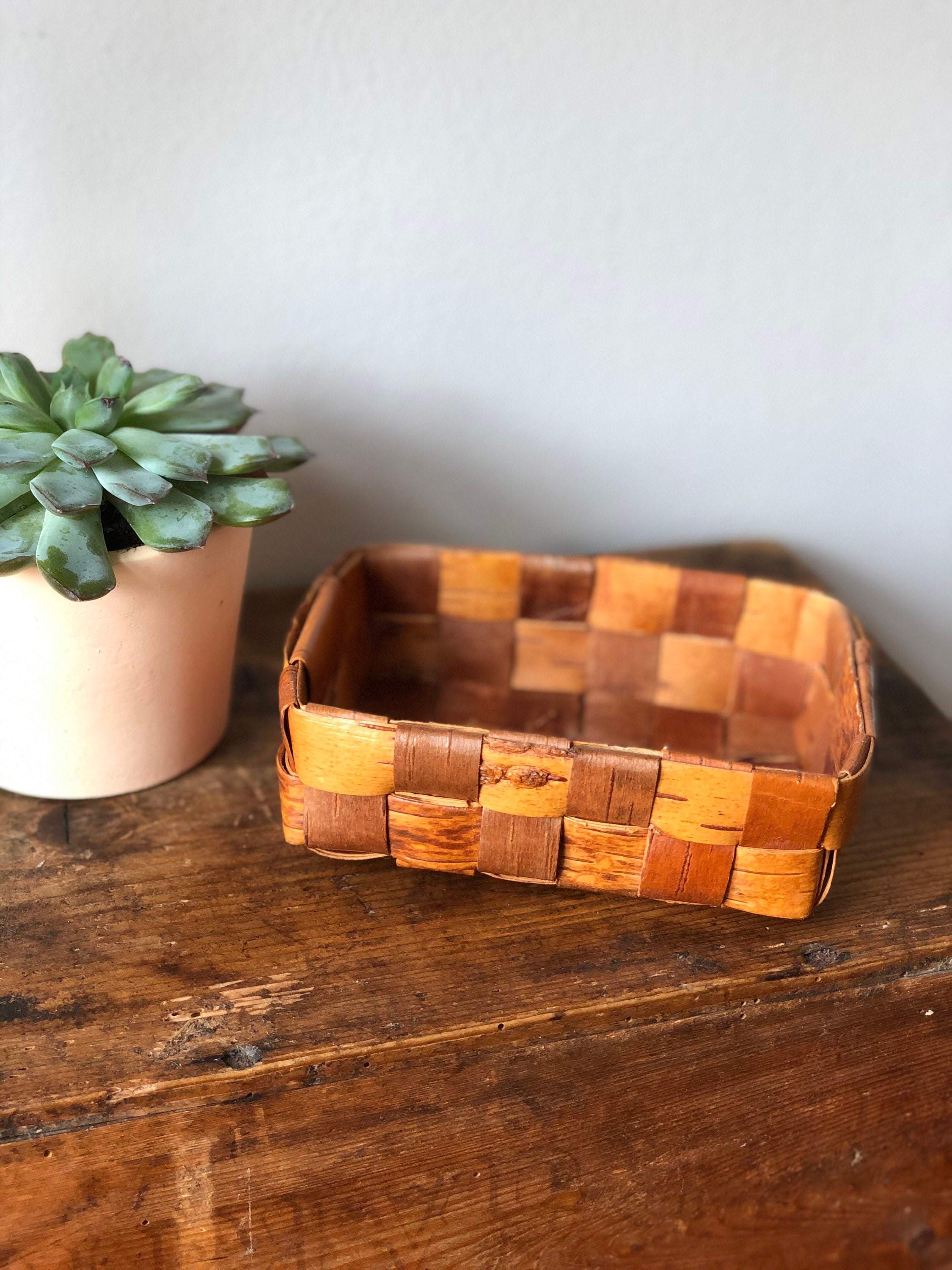 Small Swedish wooden birch bark basket midcentury modern basket storage