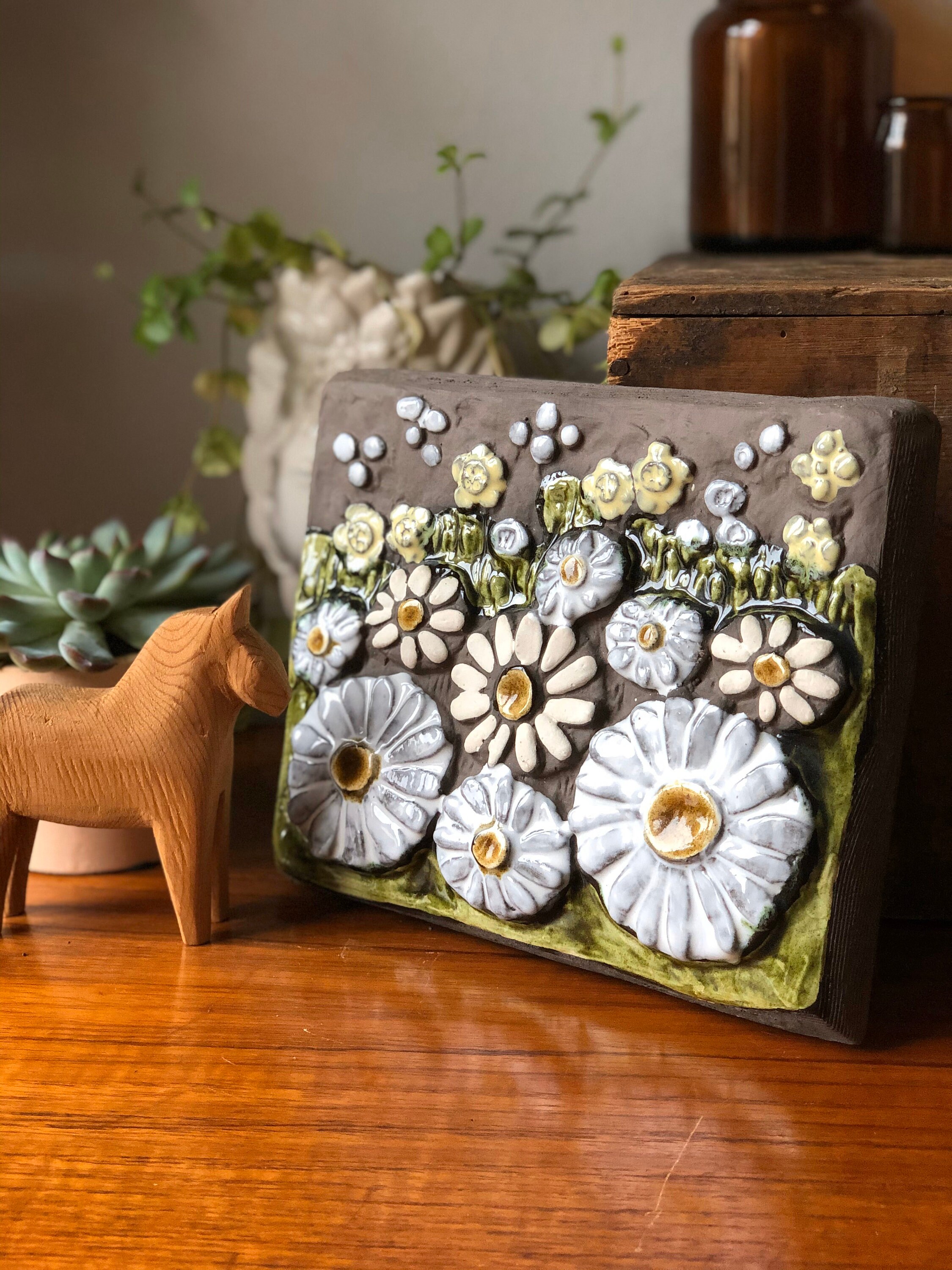 Vintage 1960s ceramic tile plaque ceramic wall art by JIE