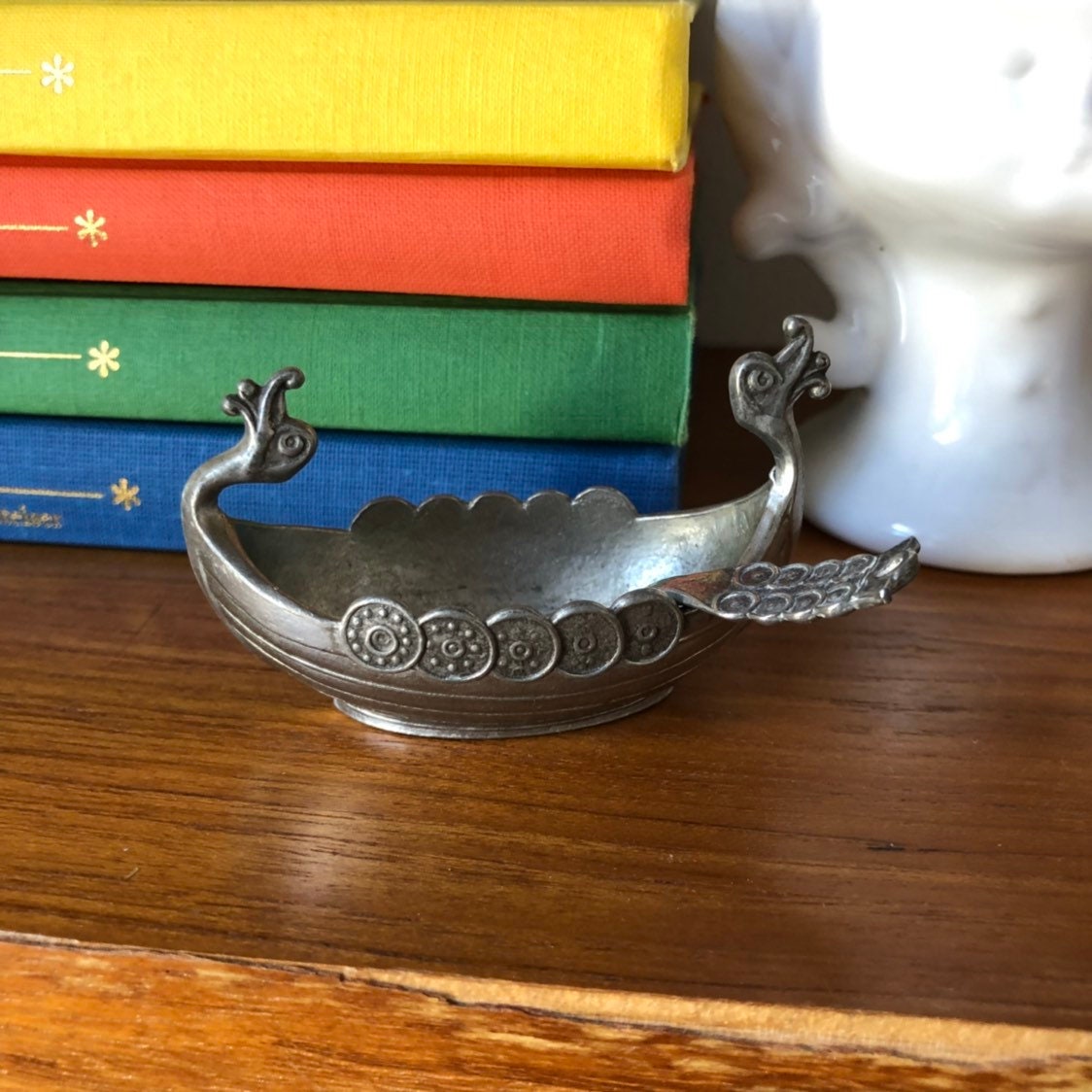 Pewter Norwegian handmade boat salt spice holders with spoon / viking