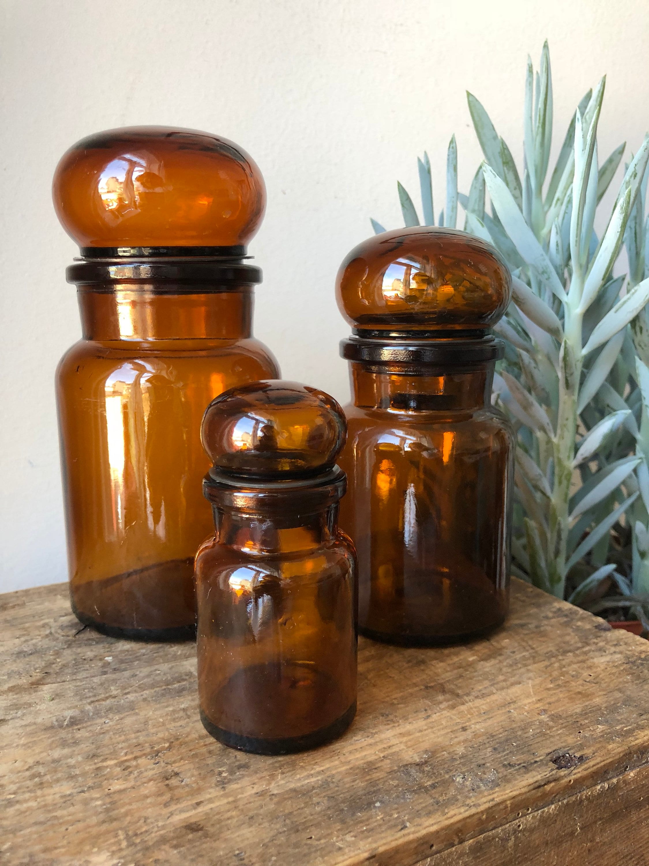 Set of 3 Belgian Apothecary Bottles pharmacy amber brown, Glass Jars