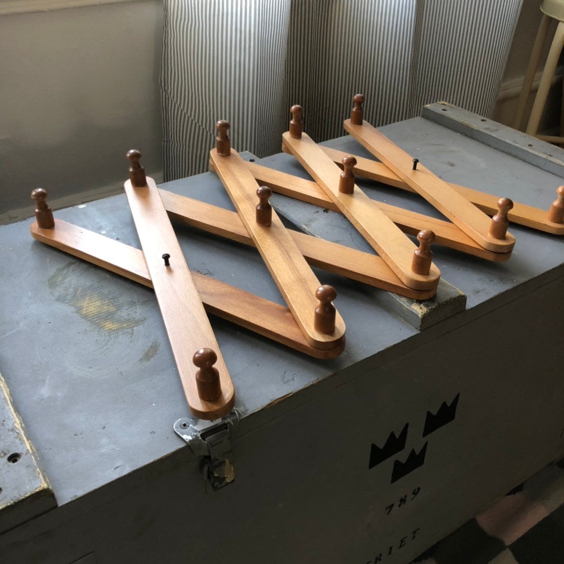 Vintage wooden accordion hat rack retro scandi boho coat track