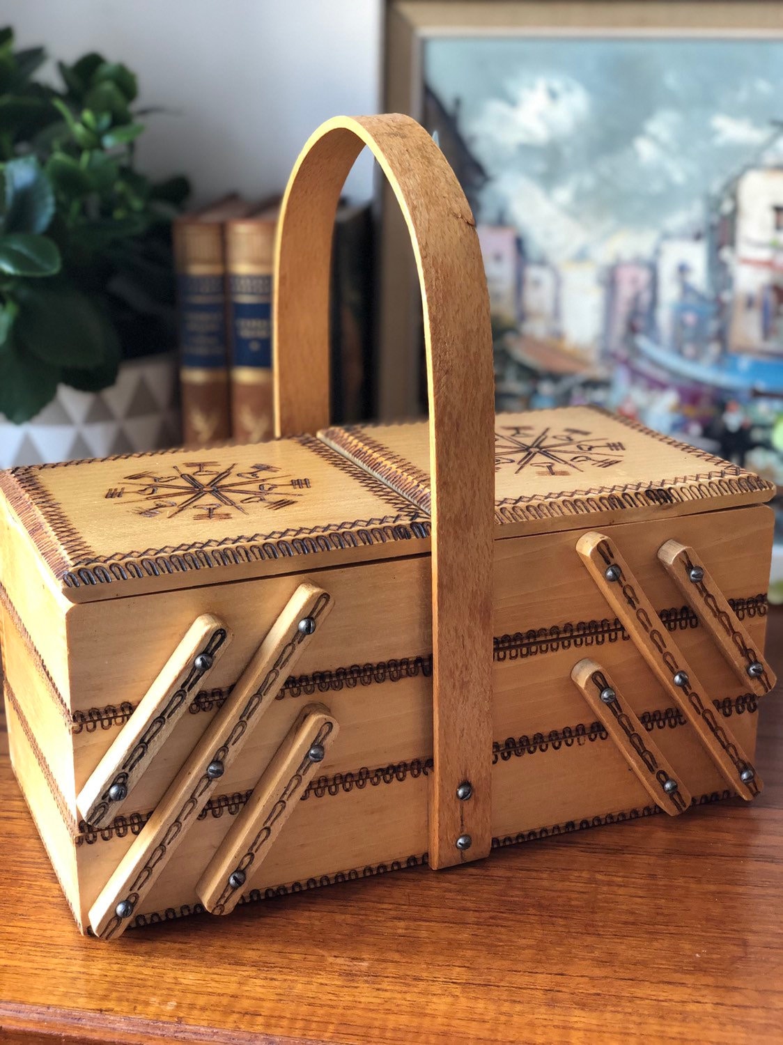 Vintage wooden handmade Polish accordion sewing box / storage box