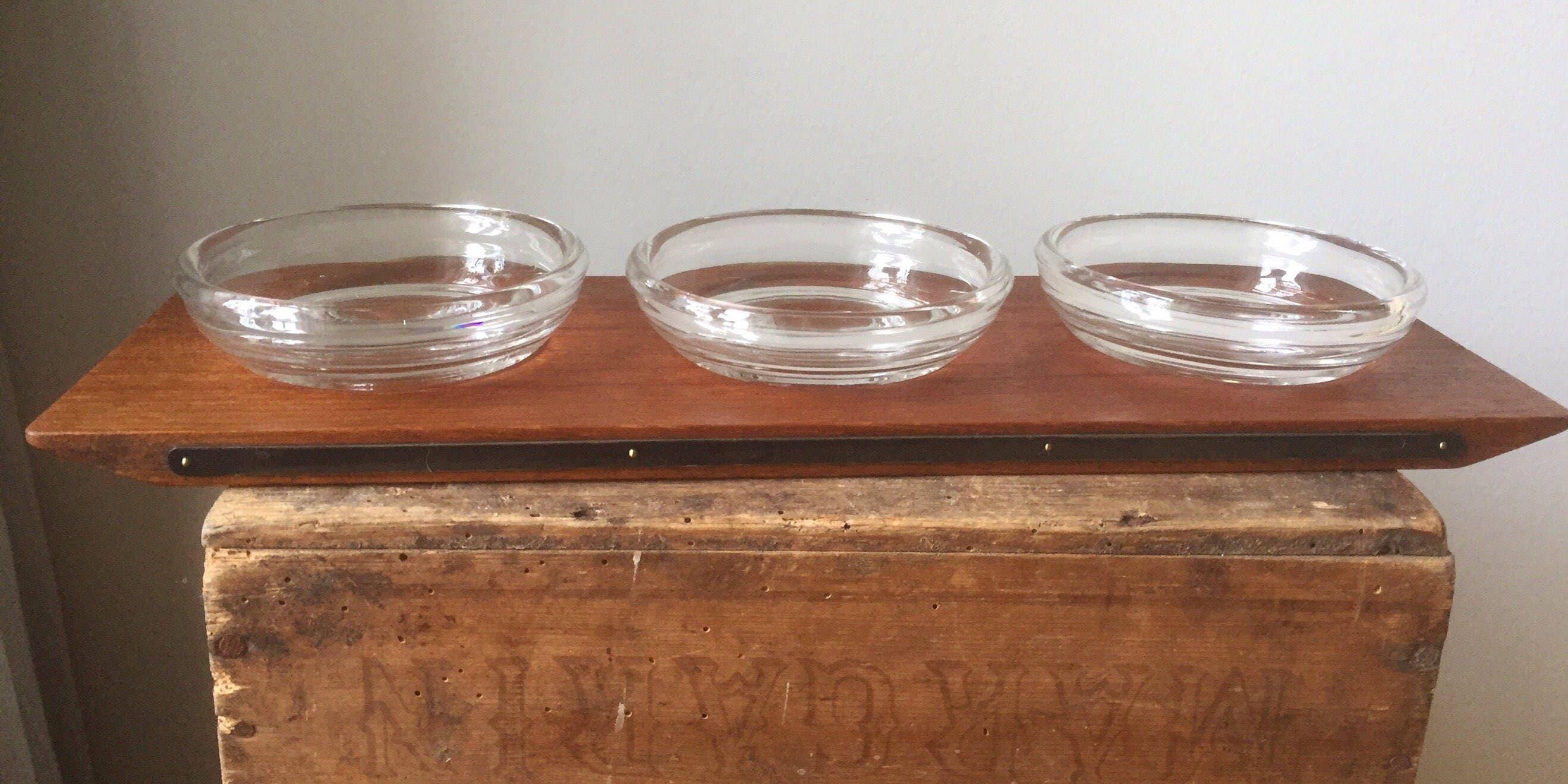 Danish/Midcentury Modern/Glass Condiments/Serving Set/Teak / silver plated/hand blown glass