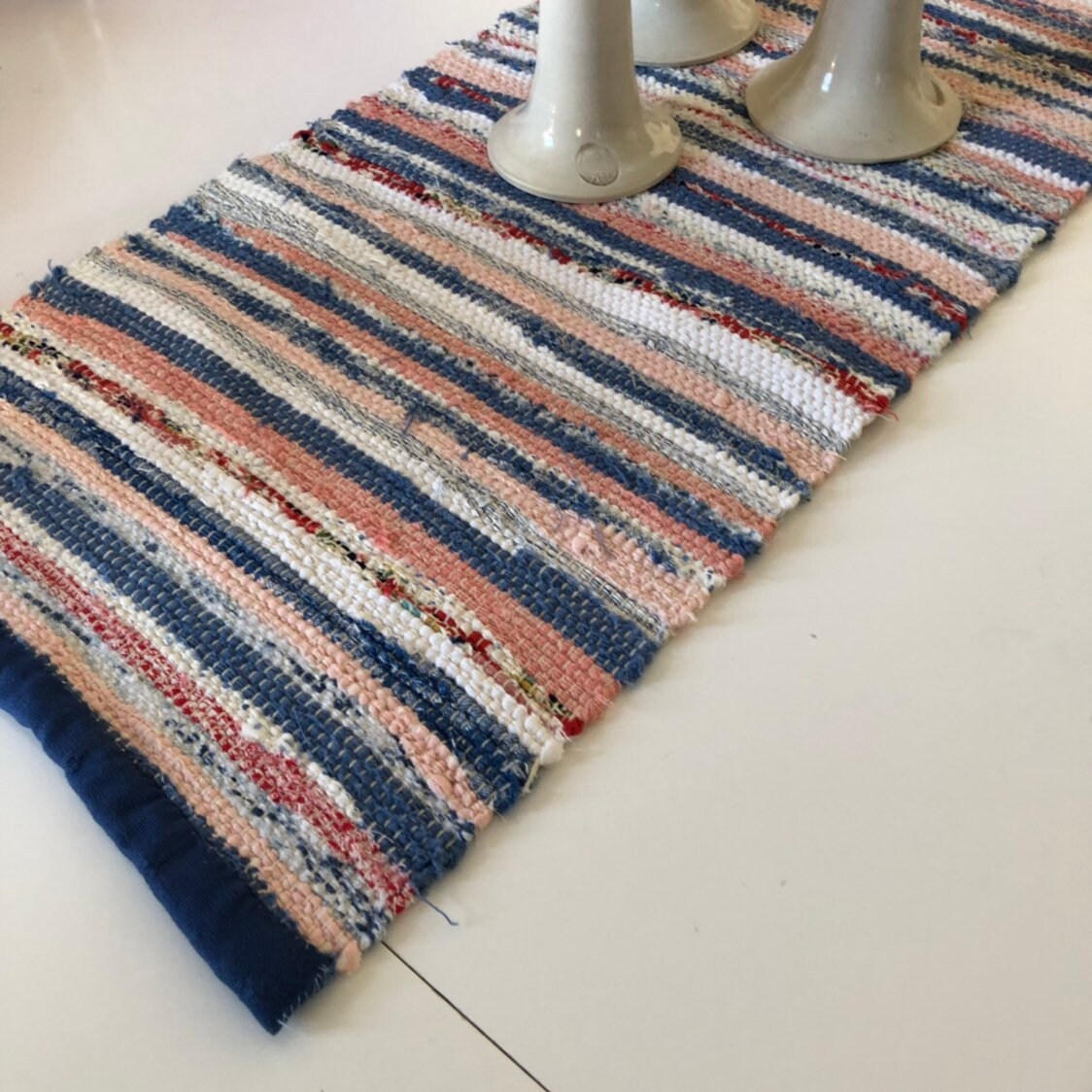 Thick Handwoven rag rug table runner / nordic Scandinavian multicolored