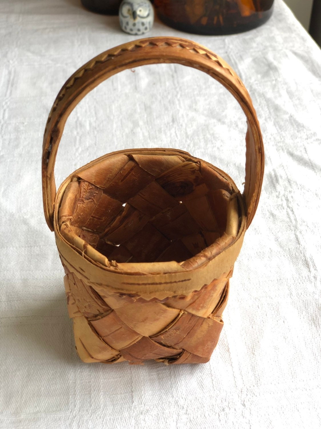 Small Swedish wooden birch bark basket midcentury modern basket storage