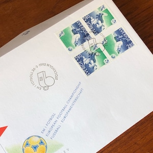 First day cover stamps from 1992 Sweden the European Football Championship games EM with history / Scandinavian stamp collection / soccer