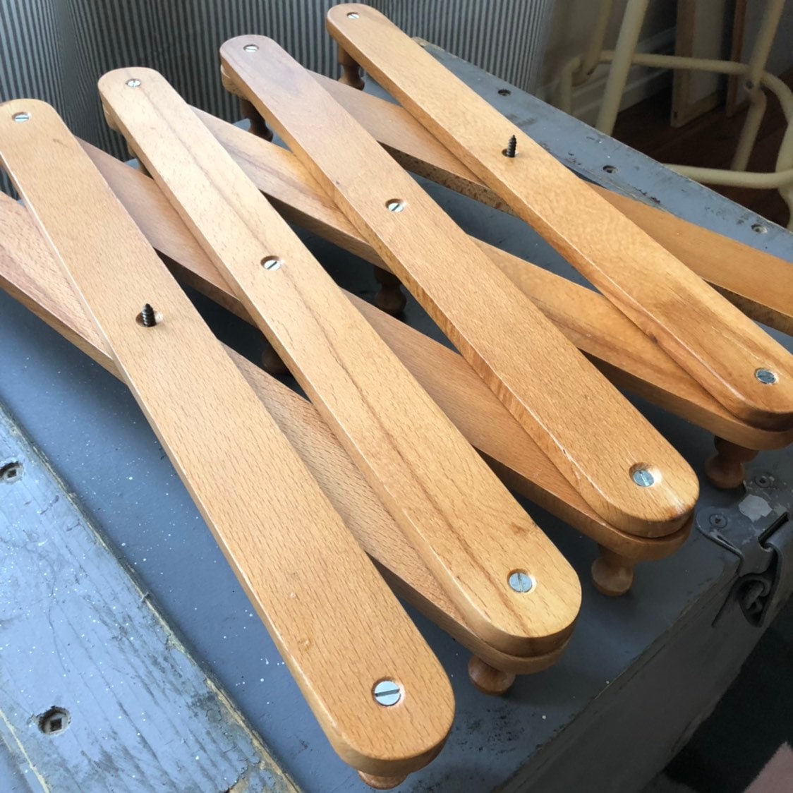 Vintage wooden accordion hat rack retro scandi boho coat track