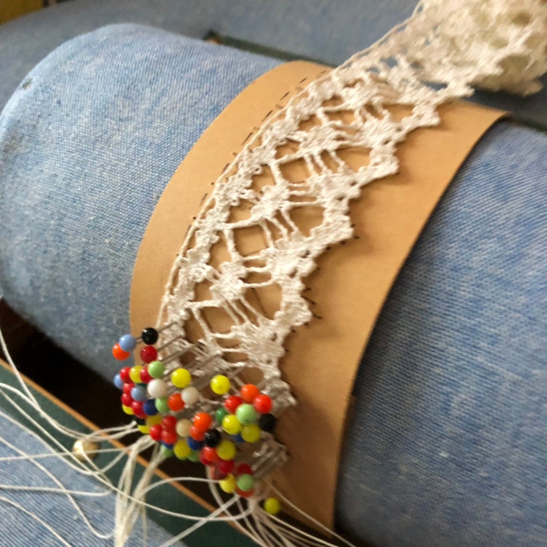 Lace making pillow with lace pattern and lace / hand turned wooden