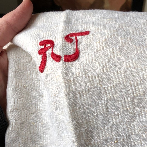 Vintage woven Scandinavian hand towel kitchen towel monogramed AT red and white/ beige  farmhouse kitchen