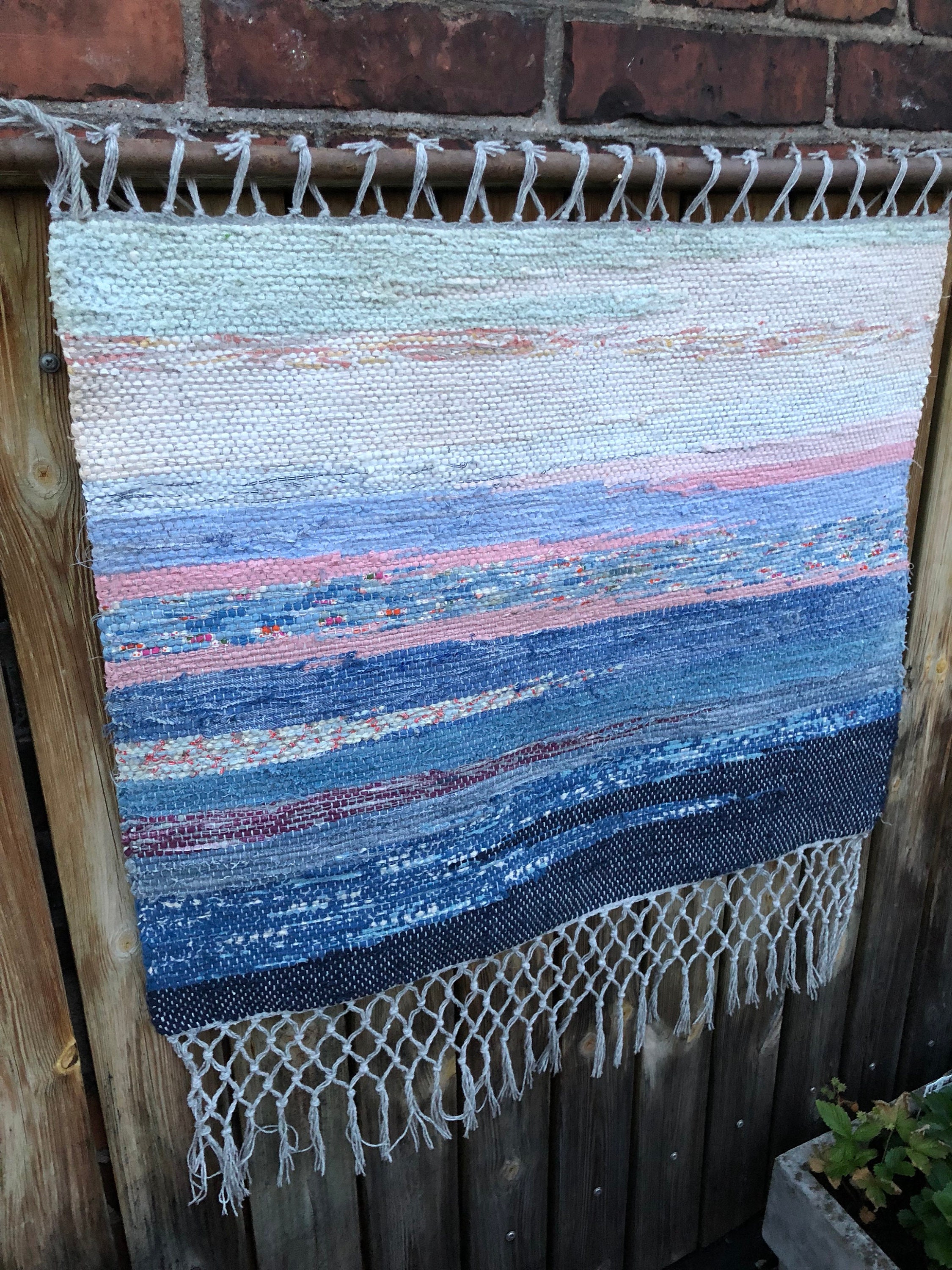 Original ombre Scandinavian rag rug woven textil art wall hanging