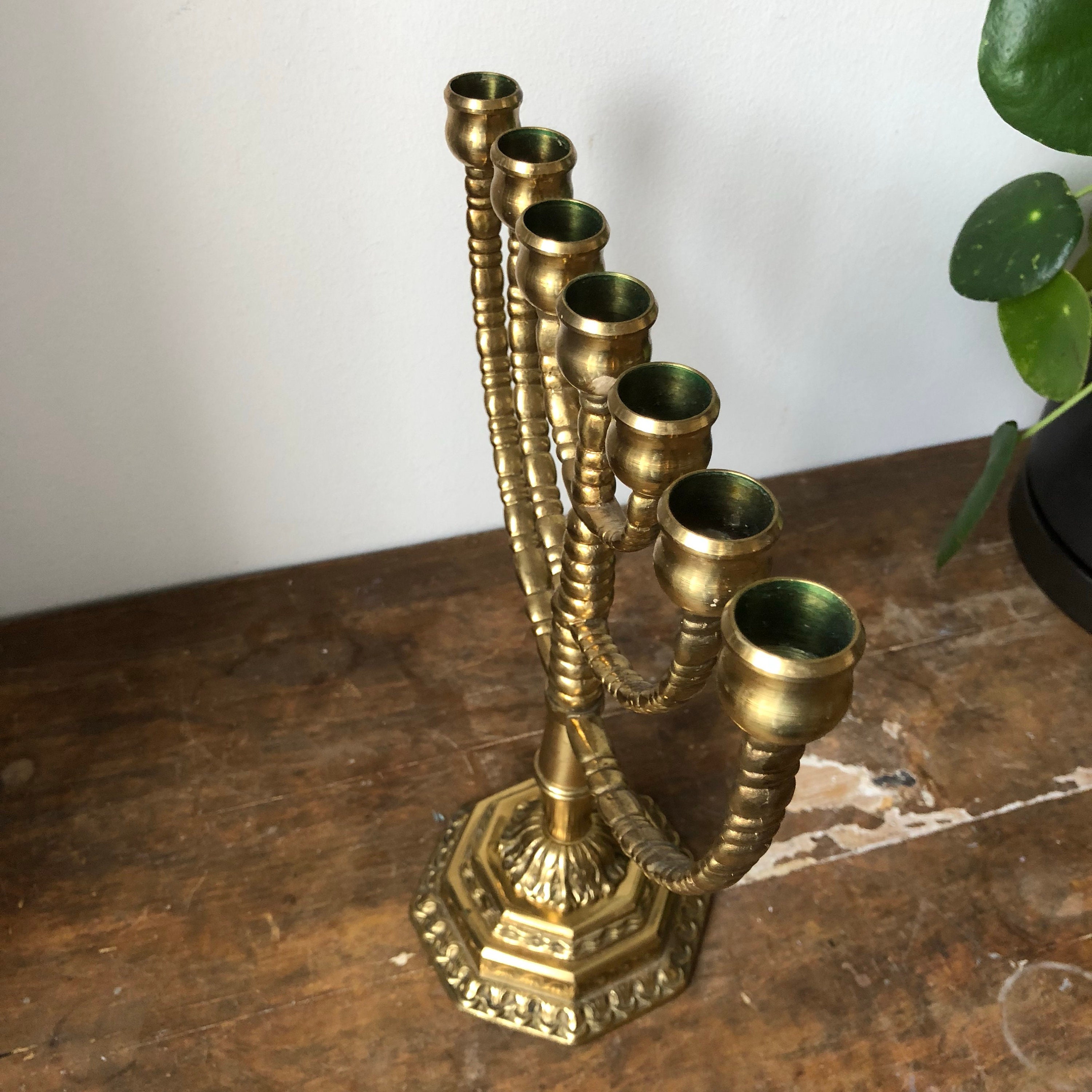 Large solid heavy brass menorah vintage pedestal stunning Chanukah