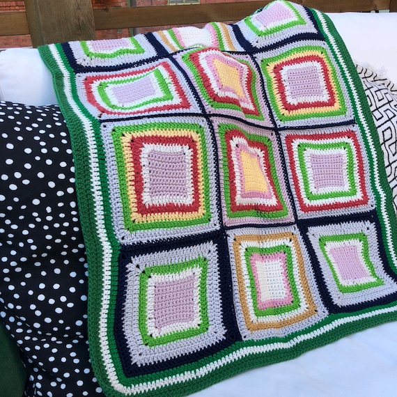 Vintage Scandinavian crochet baby blanket / cover pram crib cradle blanket bright colors / geometric print pattern