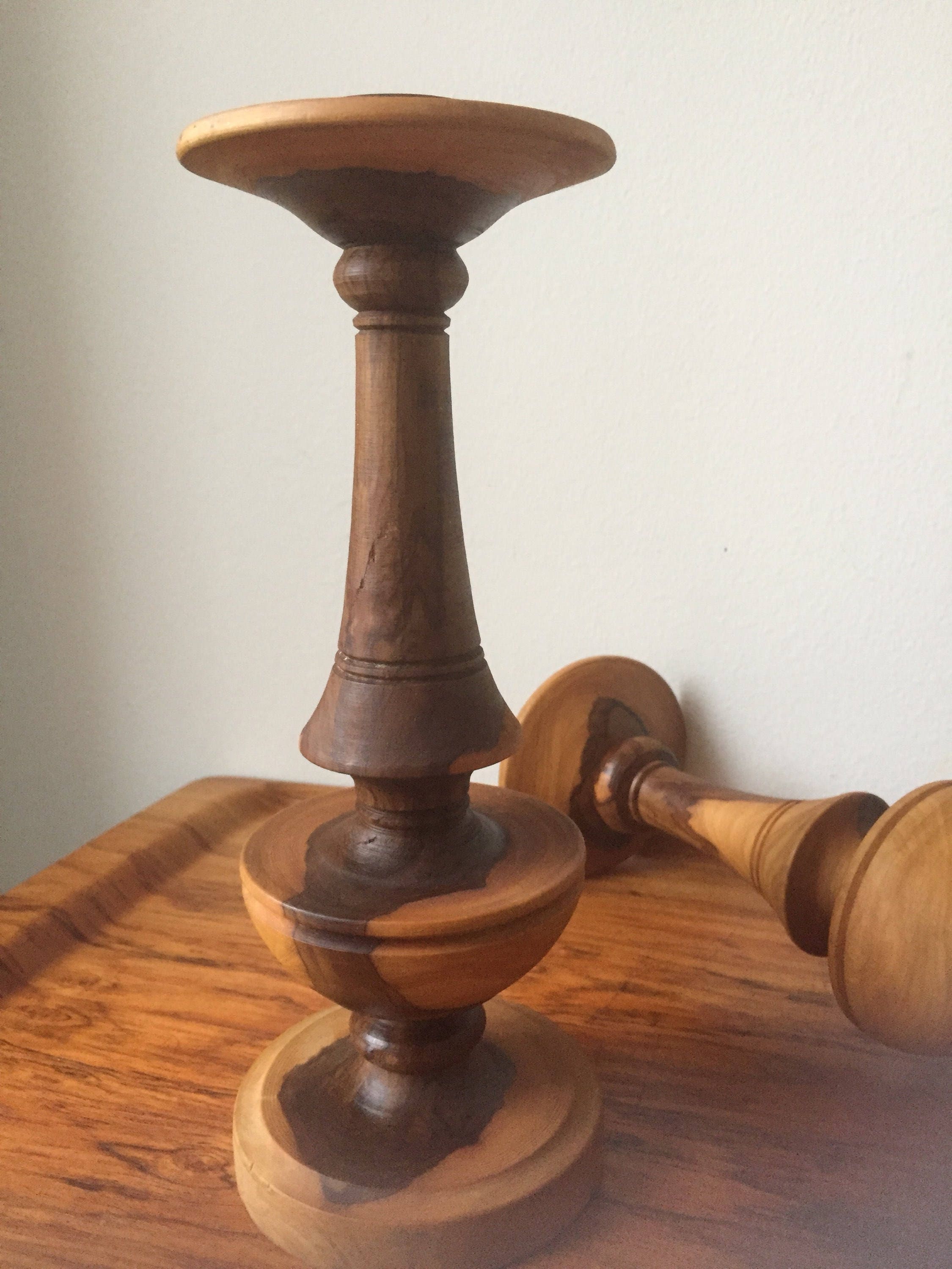 Swedish wooden hand turned candle stick holders Scandinavian