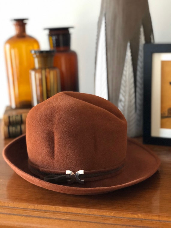 Vintage Orli felt rust and brown hat with silver clasp hat bowler formal cosplay