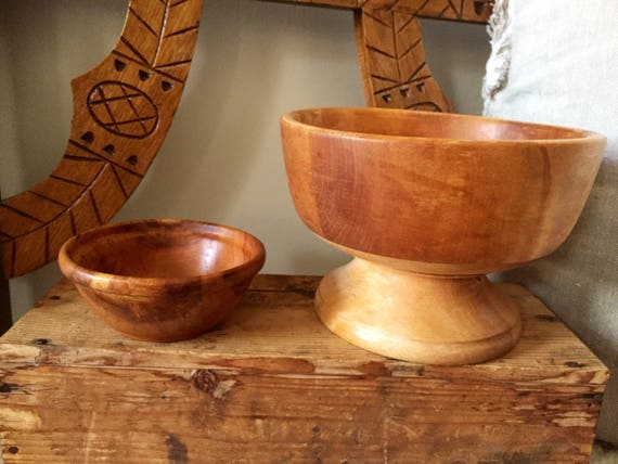 Pair of Swedish hand carved turned midcentury modern wooden bowl primitive handcrafted by same woodworker cottage core