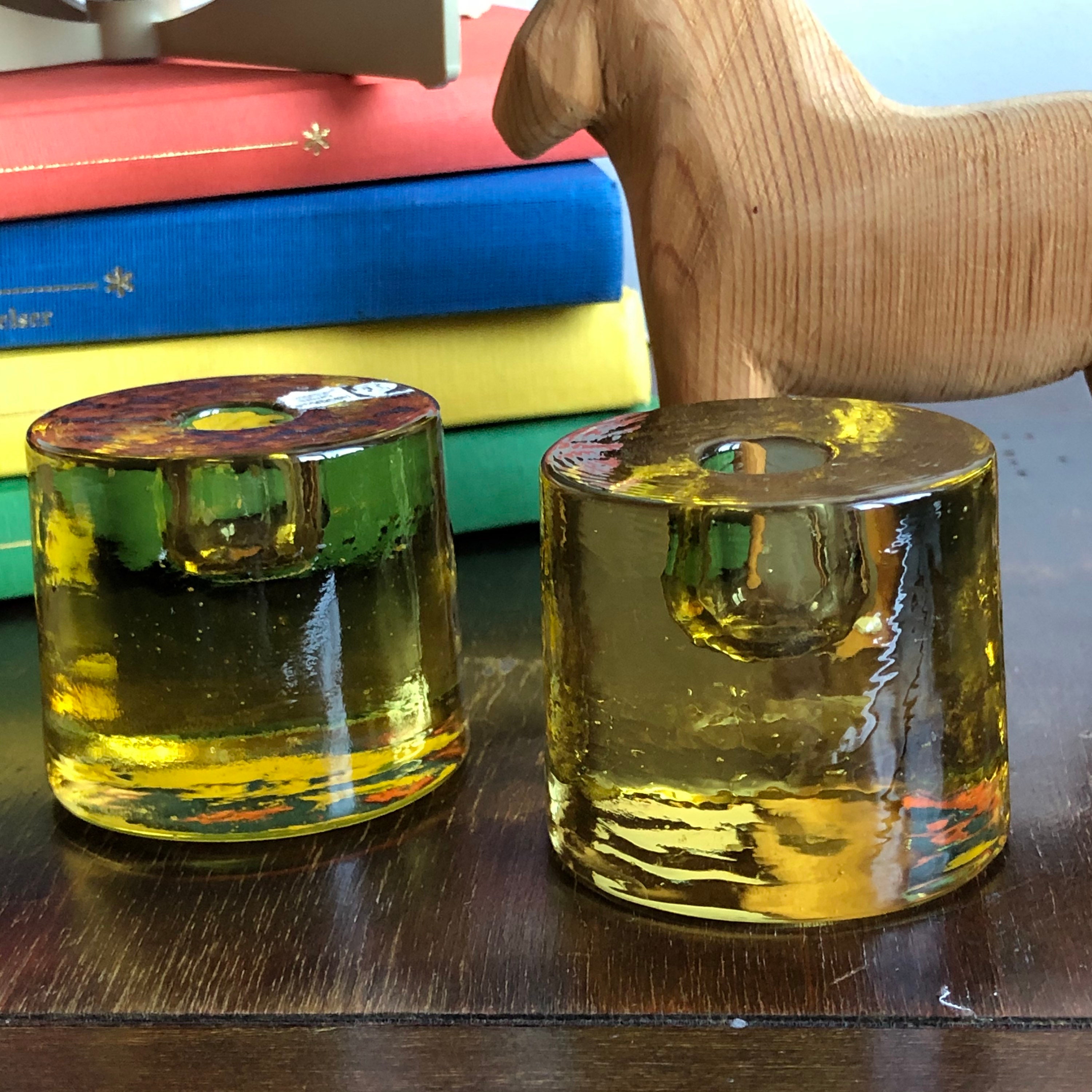 Pair of 2 Lindshammar yellow glass small candlestick holders round