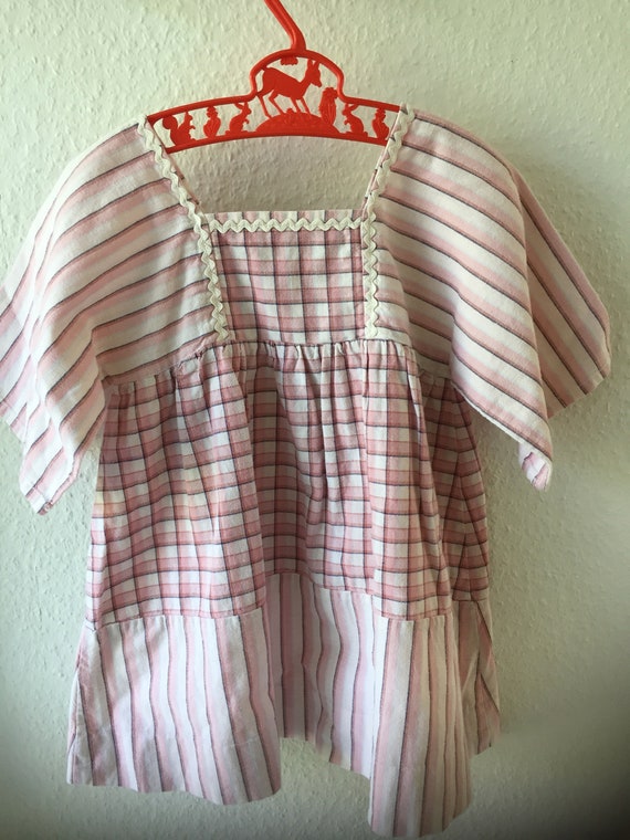 Vintage Girls dress sweet gingaham Pink and White checked patchwork stripe dress white edging Scandinavian handmade