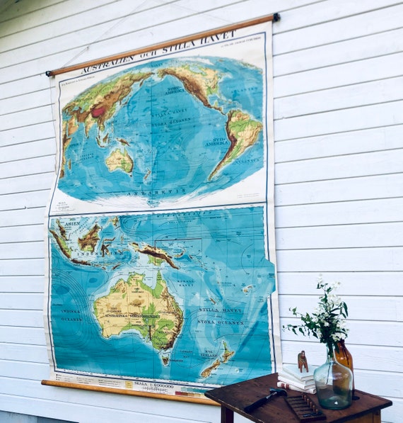 Large Vintage Swedish 1948 classroom school house Map of Australia and the Pacific Ocean printed in Stockholm