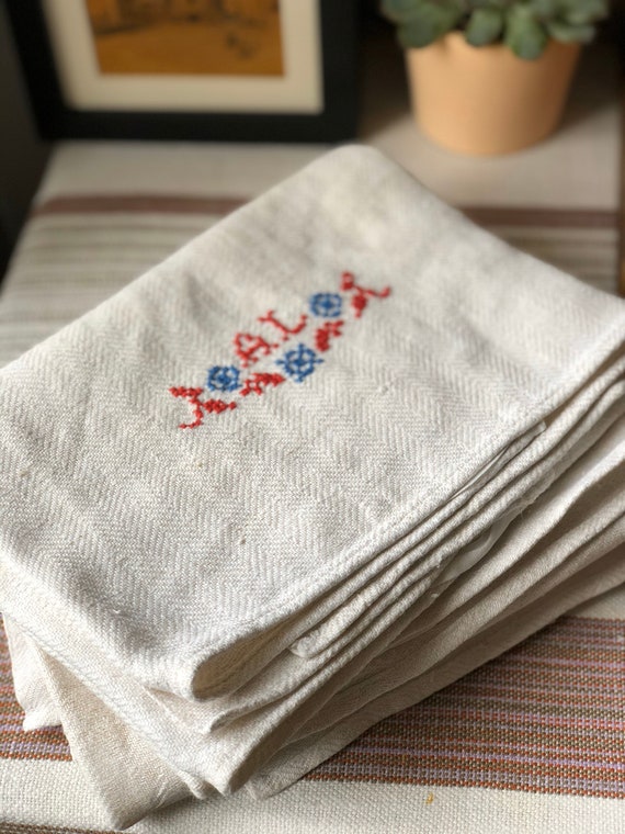 Set of 3 Vintage woven Scandinavian hand towels kitchen towels with red and blue farmhouse kitchen monogrammed AL initials