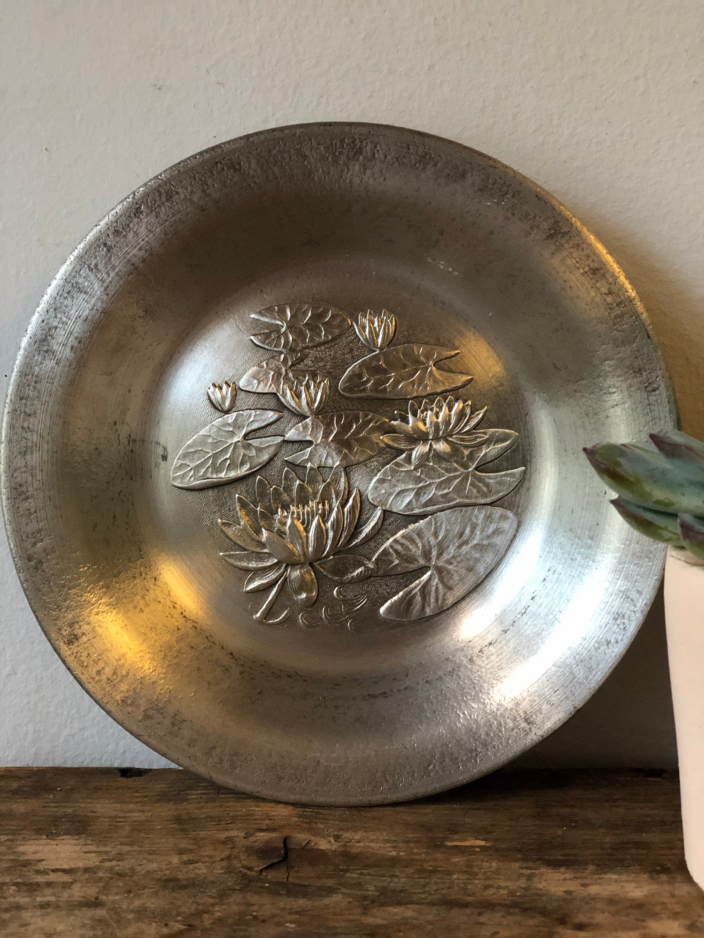 Water Lillies pewter art wall hanging Scandinavian Swedish mid century scandi boho