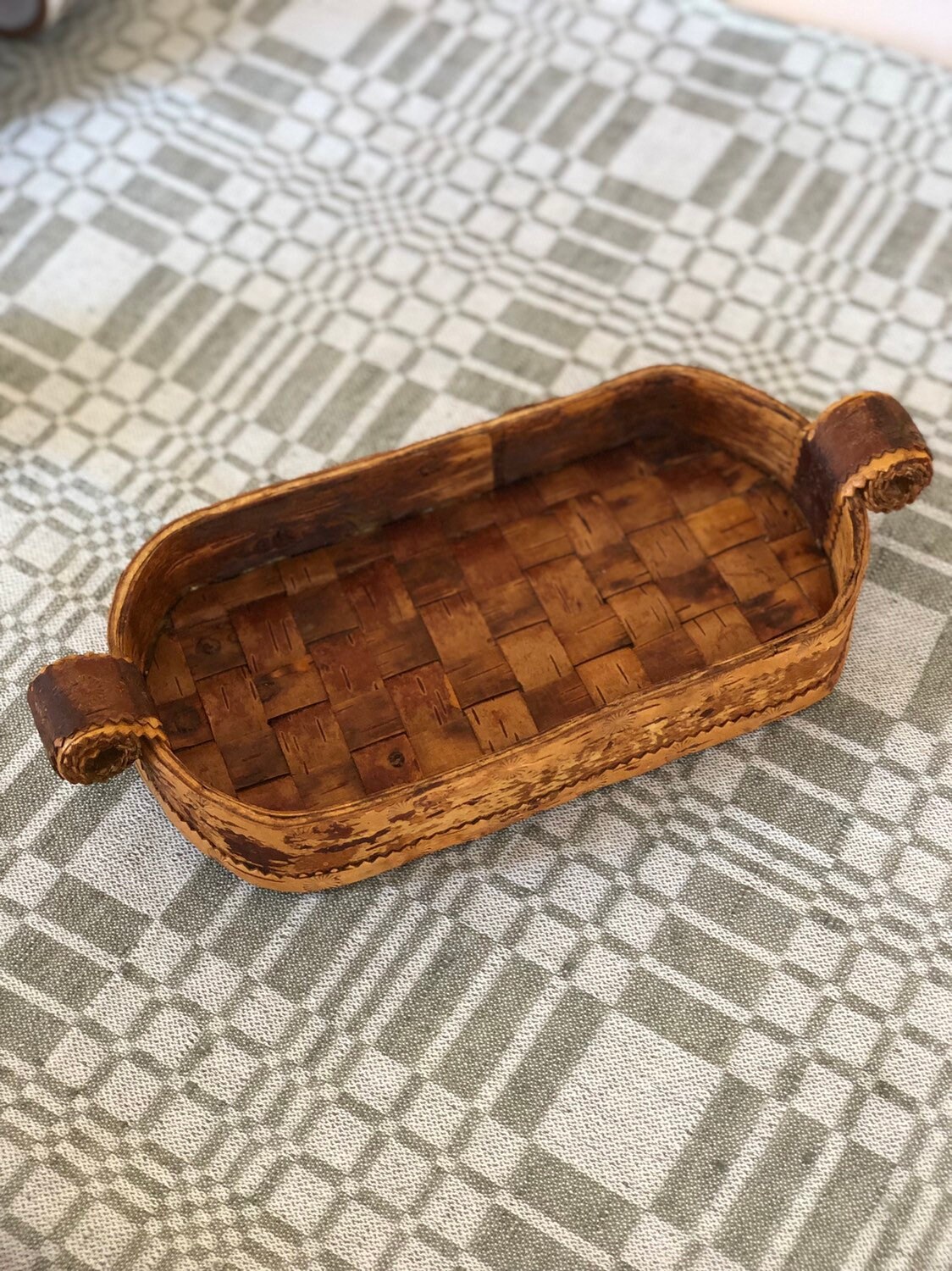 Swedish folk art woven birch checkered tray cabin decor birch basket