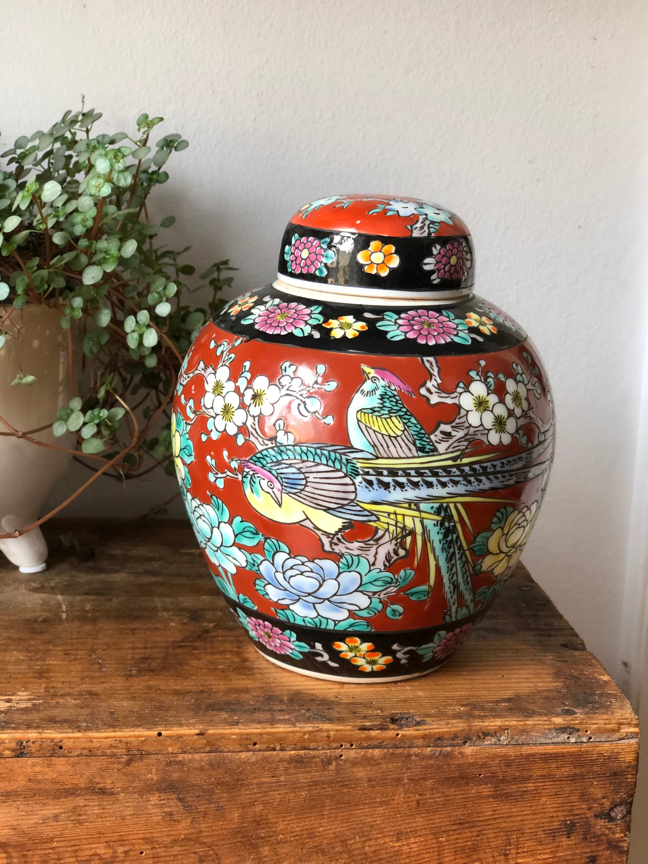 Vintage Japanese Ginger Jar With Floral Pattern And Bird Style Asian Urn Pottery Jar Lidded