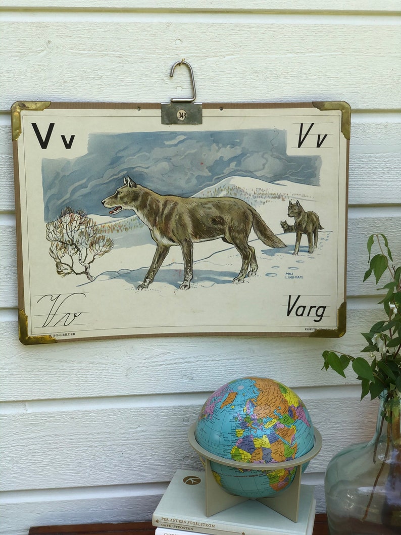 Vintage Swedish school house poster letter illustrations art poster Sweden wolf varg