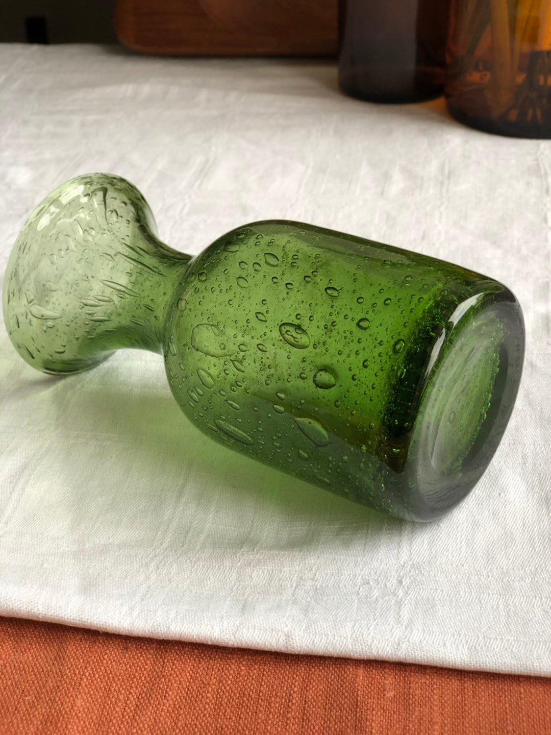Signed Erik Höglund Hand blown green glass bottle / vase Scandinavian