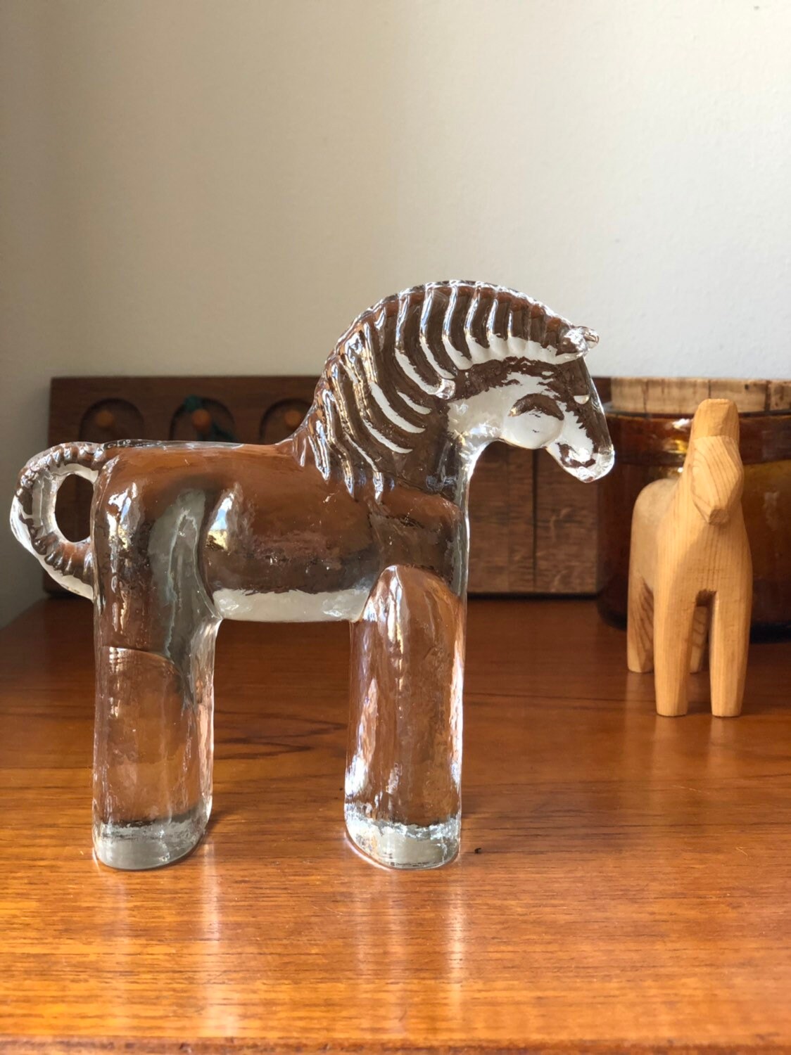 Vintage glass horse figurine Bertil Vallien kosta boda flat back Zoo series 1970s horse