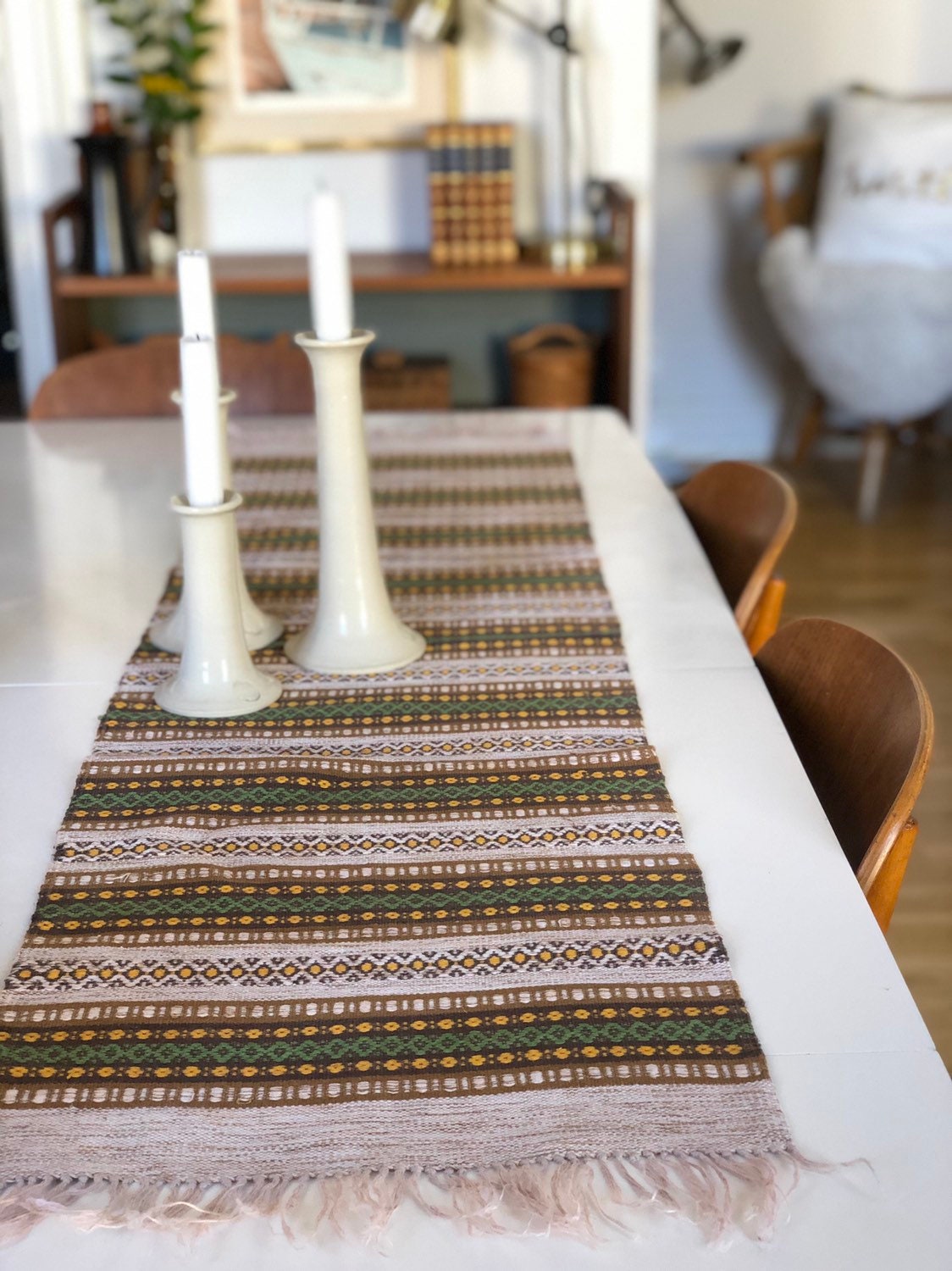 Long Retro Table Runner Swedish folk art linen traditional pattern