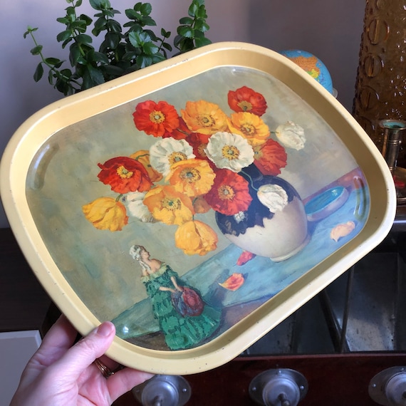 Vintage English metal tray Floral Flowers serving tray Made in England haute bohemian style