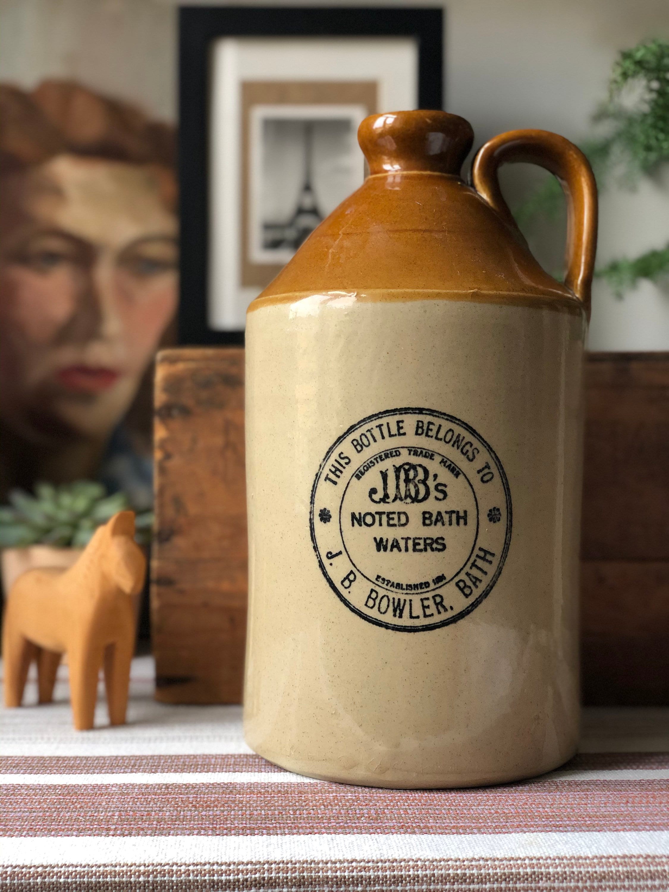 XL vintage stoneware spa bottle by JB Bowler bath decor jug ceramic ...
