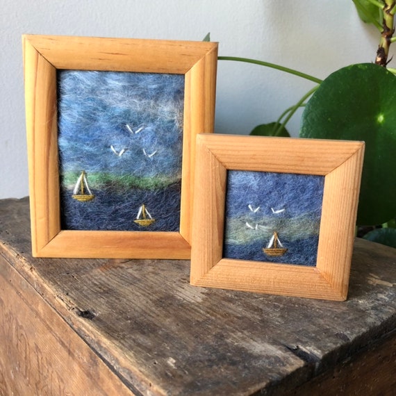 Pair of small vintage Swedish needle felted framed sea scapes birds made with Swedish wool Scandinavian framed art vibrant colors Sweden