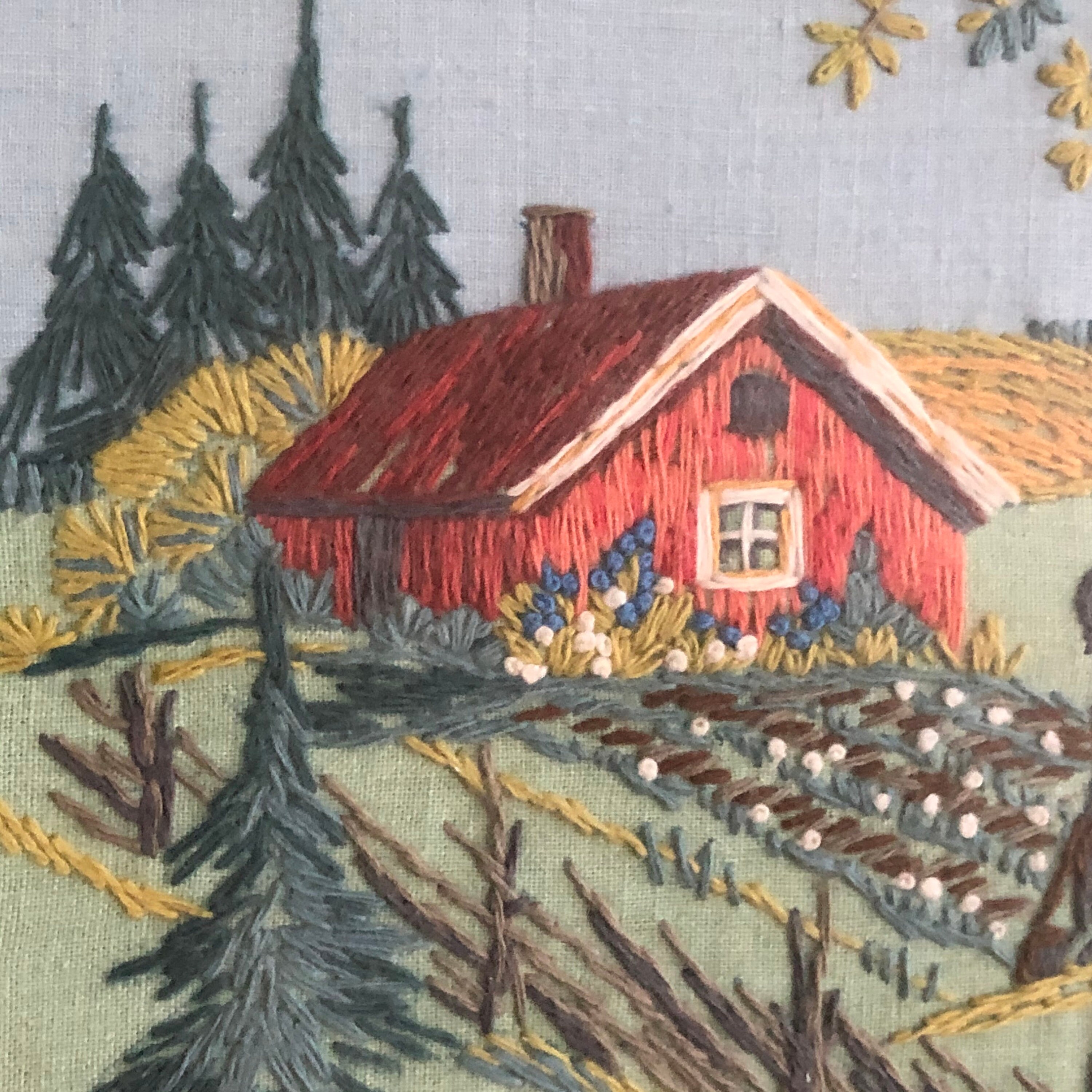 Tradition Swedish folk art crewel embroidered wall hanging landscape