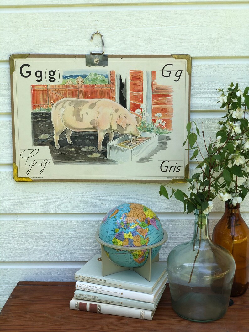 Vintage Swedish school house poster letter illustrations art poster Sweden pig Gris