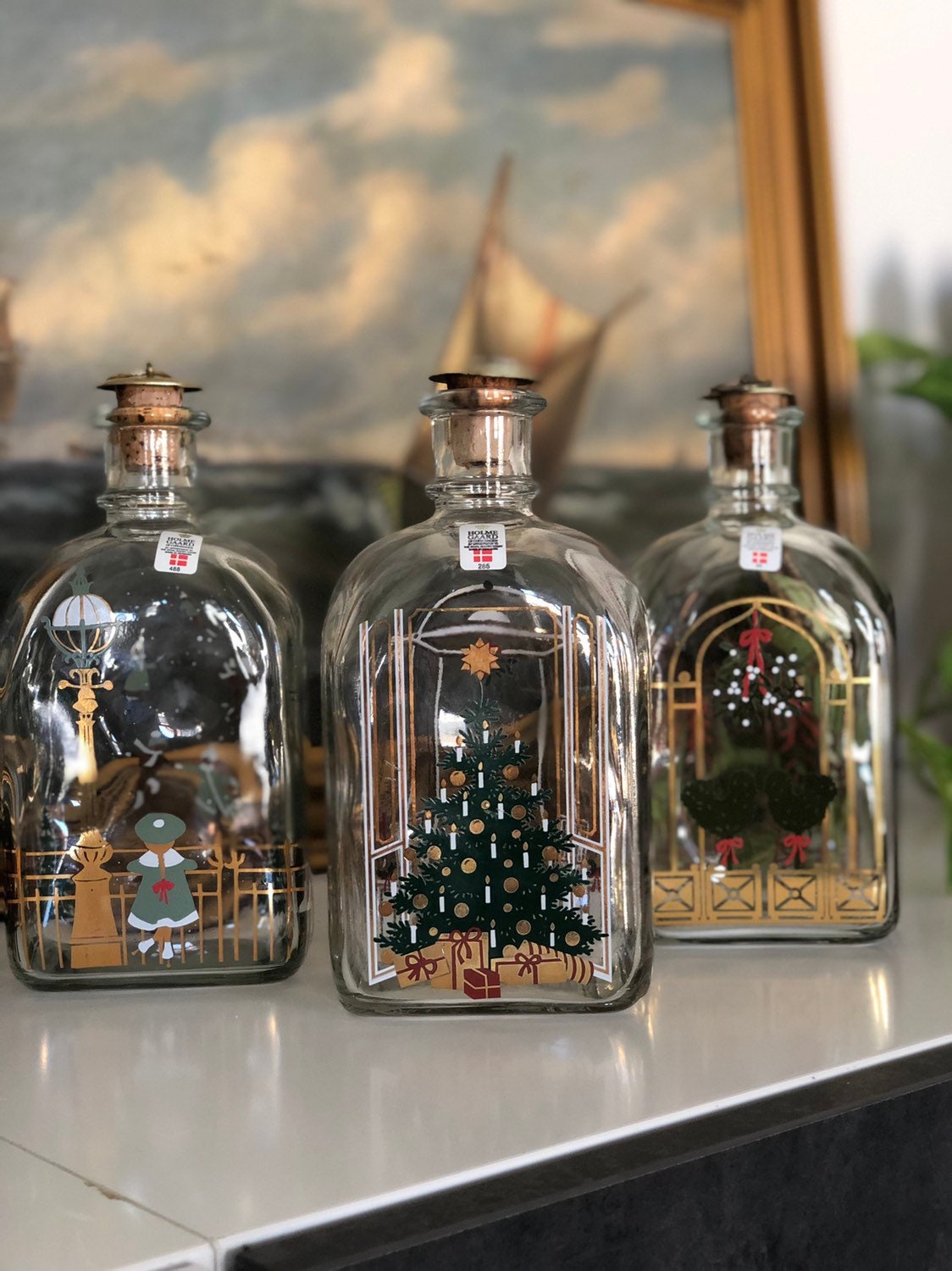 Set of 3 Holmegaard Christmas snaps decanter bottles Danish hand painted