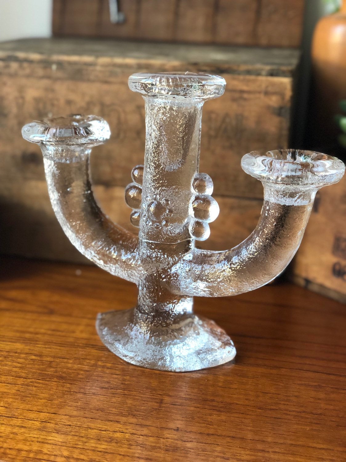 Vintage glass candle holder candelabra Ice sculpture texture Pukeberg