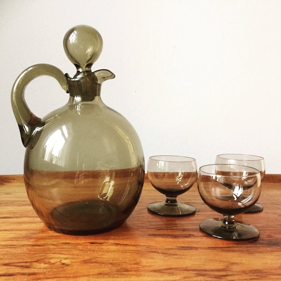 Swedish /decanter and 3 glasses/handblown Swedish glassworks/smokey glass/handblown/midcentury modern/Scandinavian