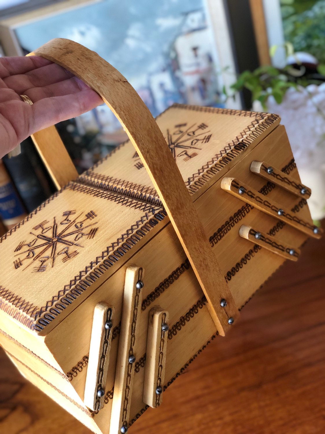 Vintage wooden handmade Polish accordion sewing box / storage box