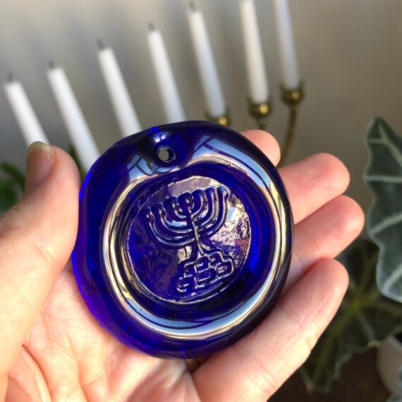 Blue Glass menorah pendant necklace / sun catcher from Swedish glassworks /